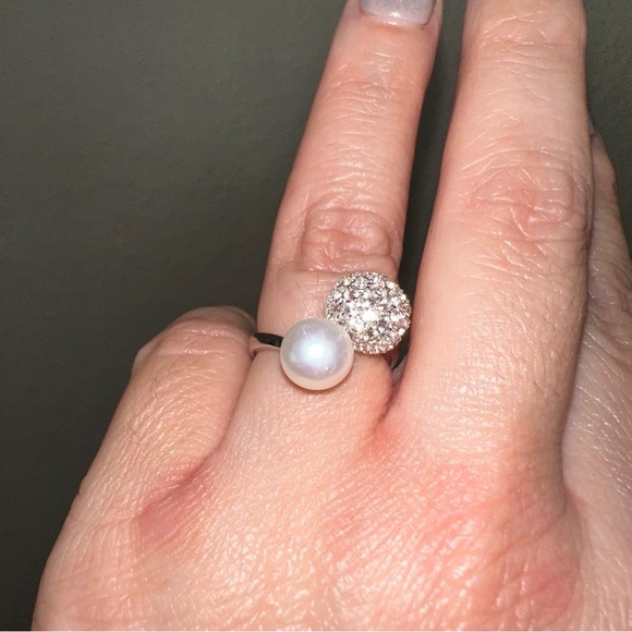 Cultured pearl ring 7-8 mm with lab diamond silver ring size 7 - Picture 1 of 5